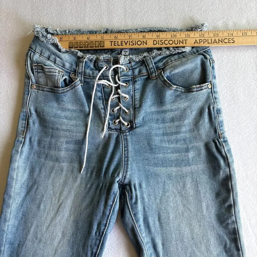 Bamboo Womens Size 9 Lace Up Flare Jeans Frayed Hem Y2K Vintage Denim Streetwear - Picture 6 of 8